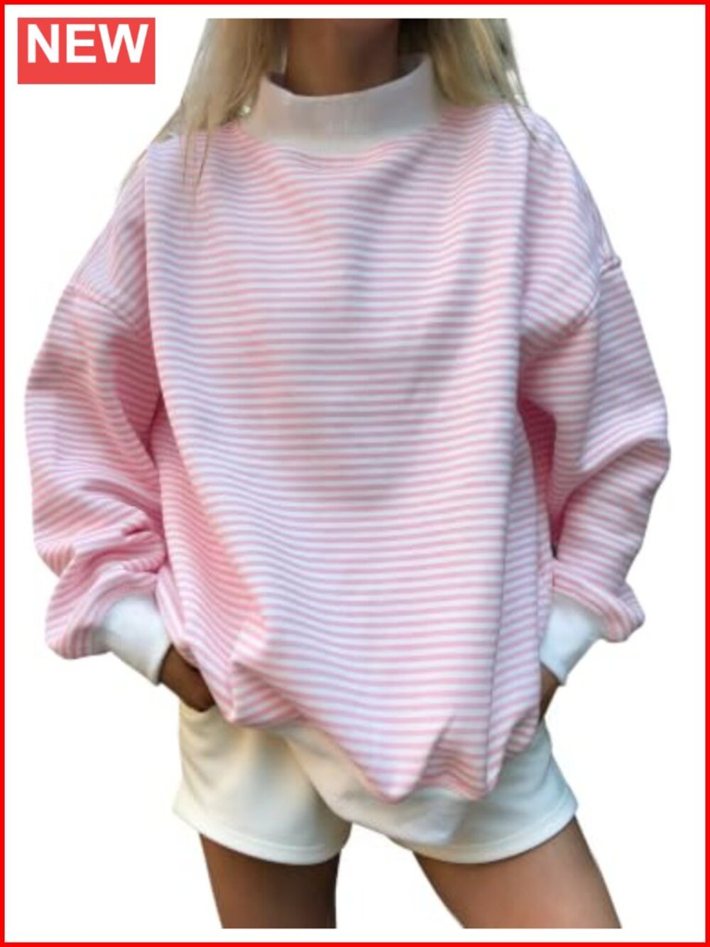 Oversized Mockneck Striped Long Sleeve Sweatshirt Pullover